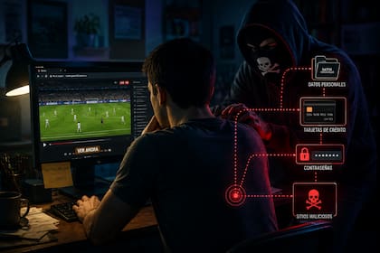 Ver online partidos o películas en plataformas trae graves consecuencias para los consumidores de esos servicios, supuestamente gratuitos (IMAGEN GENERADA CON IA)