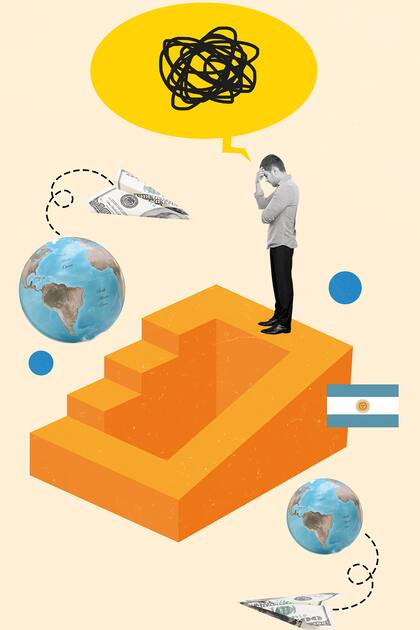 Vertical collage image of mini black white gamma unsatisfied man stand endless path messy mind bubble isolated on beige background