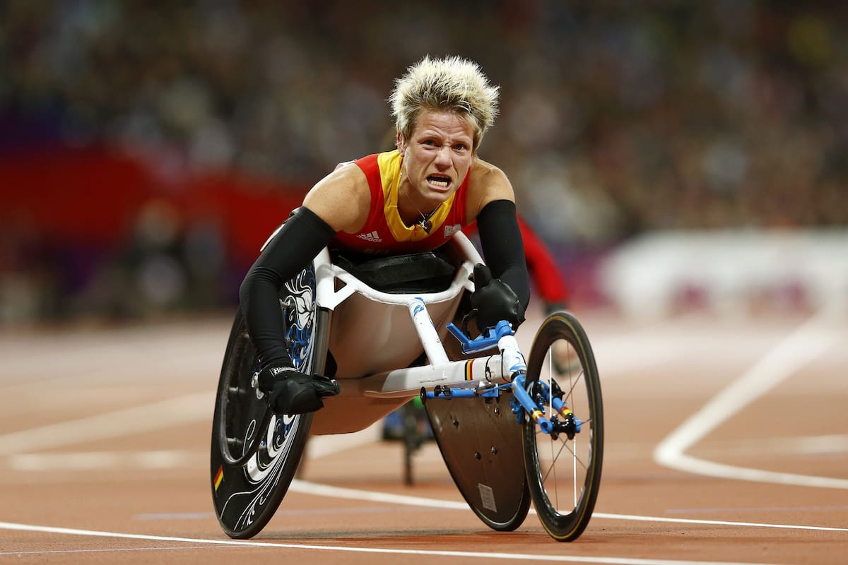 Vervoort celebra luego de ganar la prueba femenina de los 100 metros, el 5 de septiembre de 2012, en los Juegos Paralímpicos de Londres 2012