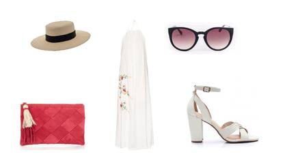 Vestido (Awada) Sobre (De María, $1920) Anteojos (Absurda ) Sombrero (Compañia de Sombreros, $790) Sandalias (Via Uno, $1699)