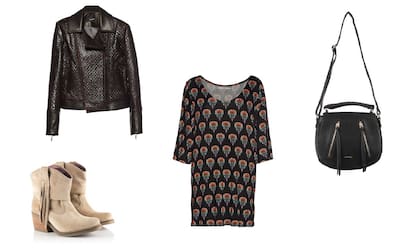 Vestido (Cher, $1200) Botas (Heyas, $1699) Bandolera (Amphora, $1099) Campera (Tramando, $2520)