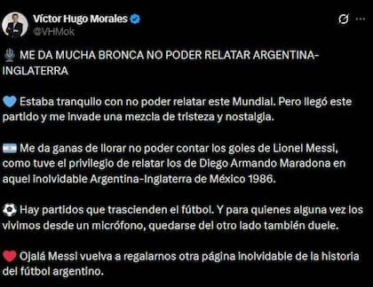 Víctor Hugo Morales lamentó que no lo hayan contratado para relatar el Mundial.