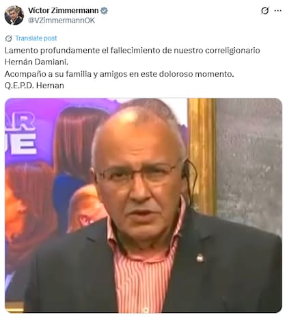 Víctor Zimmermann lamento la muerte de Hernán Damiani (X: @VZimmermannOK)