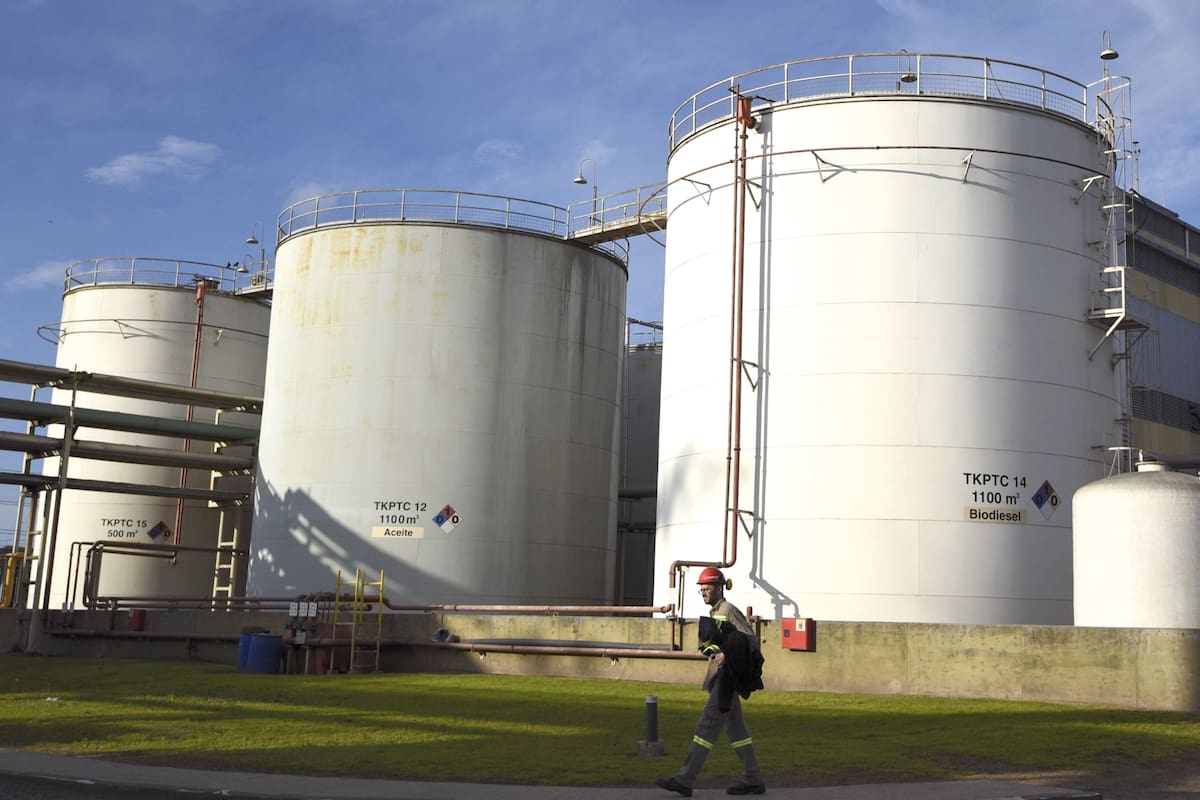 View of storage tanks at the industrial complex of the Louis Dreyfus Company in General Lagos, Santa Fe province, Argentina on September 13, 2017.
After a stoppage of one month, Argentina's biodiesel exports restart with the European market, Spain in particular, as buyer. Argentina can produce 4.5 million tons of vegetal oil --the base for biodiesel, used mainly in cars-- per year, from which one million for the local market. / AFP PHOTO / EITAN ABRAMOVIC