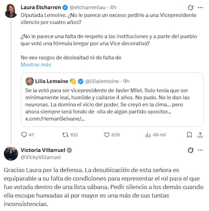 Villarruel respondió a un mensaje que mandó Lemoine a través de una publicación de X
