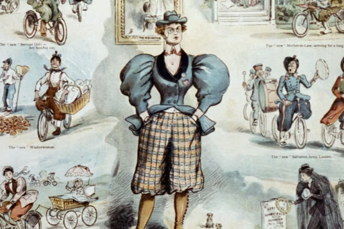 Viñeta de la ‘nueva mujer’ vistiendo pantalón con las manos en los bolsillos y mirada desafiante