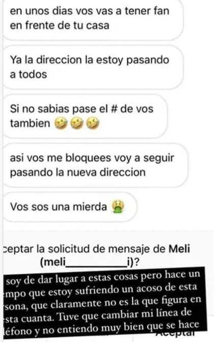 Violeta Urtizberea mostró los mensajes que recibió del acosador en una historia de Instagram