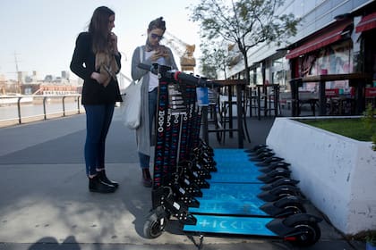 Virginia Reale de Capital y su prima Camila Sosa de Córdoba, de paseo por Puerto Madero. Quisieron utilizar los monopatines azules, pero la app no les permitió cargar la tarjeta de crédito.Después de un buen rato, desistieron.