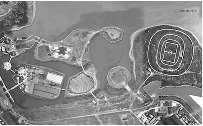 Vista aéra de la Ciudad Deportiva con el diagrama del estadio en el exacto lugar en el que se hubiera levantado