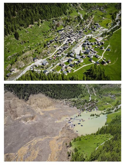 Vista aérea antes y después del derrumbe del glaciar.