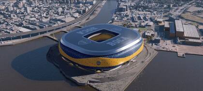 Vista aérea de la Nueva Bombonera de Jorge Reale en la Isla Demarchi. La propuesta es que el estadio esté terminado antes de 2030 y sea una de las sedes de la Copa del Mundo que propusieron organizar conjuntamente Argentina, Uruguay, Paraguay y Chile