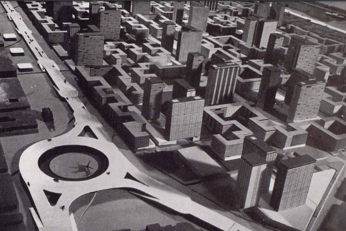 Vista aérea de lo que sería el Barrio Sur, el nuevo sector de la ciudad de Buenos Aires que se pensaba construir entre las avenidas 9 de Julio, Caseros, Paseo Colón y Belgrano