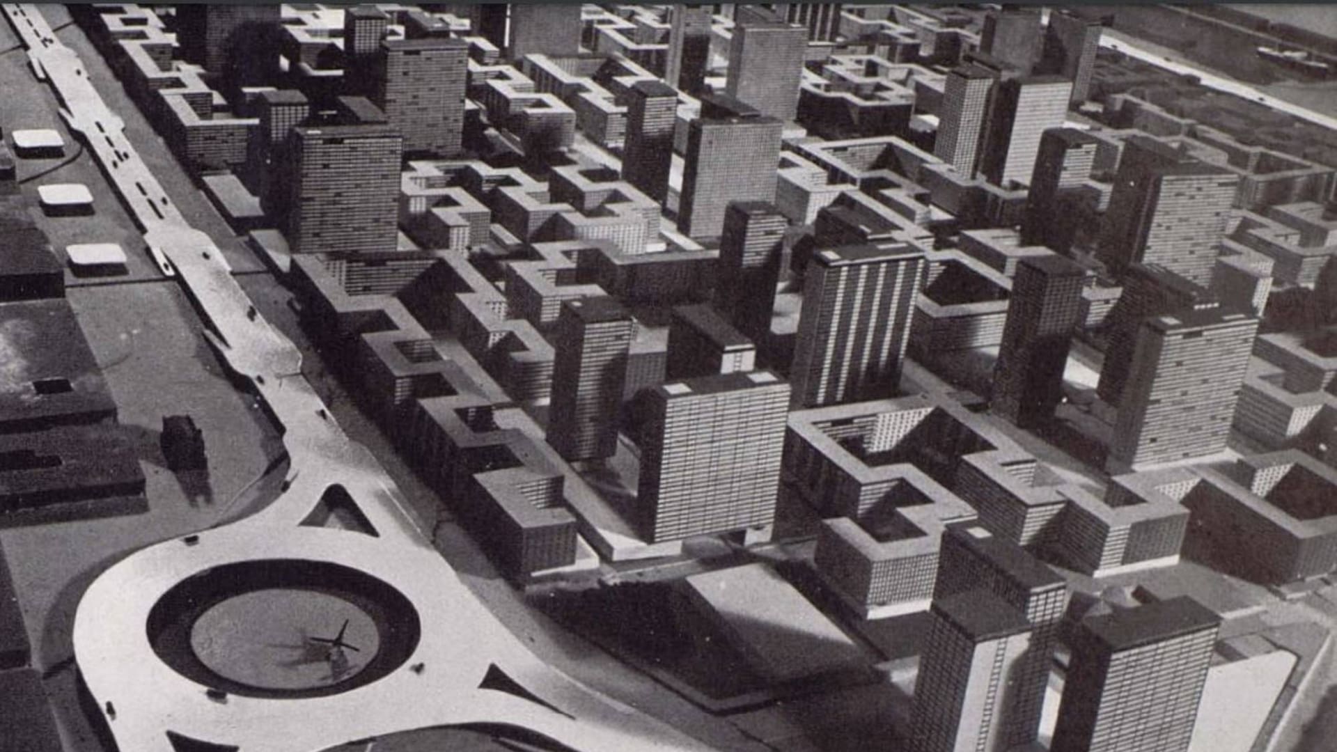 Vista aérea de lo que sería el Barrio Sur, el nuevo sector de la ciudad de Buenos Aires que se pensaba construir entre las avenidas 9 de Julio, Caseros, Paseo Colón y Belgrano