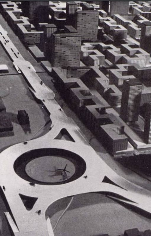 Vista aérea de lo que sería el Barrio Sur, el nuevo sector de la ciudad de Buenos Aires que se pensaba construir entre las avenidas 9 de Julio, Caseros, Paseo Colón y Belgrano