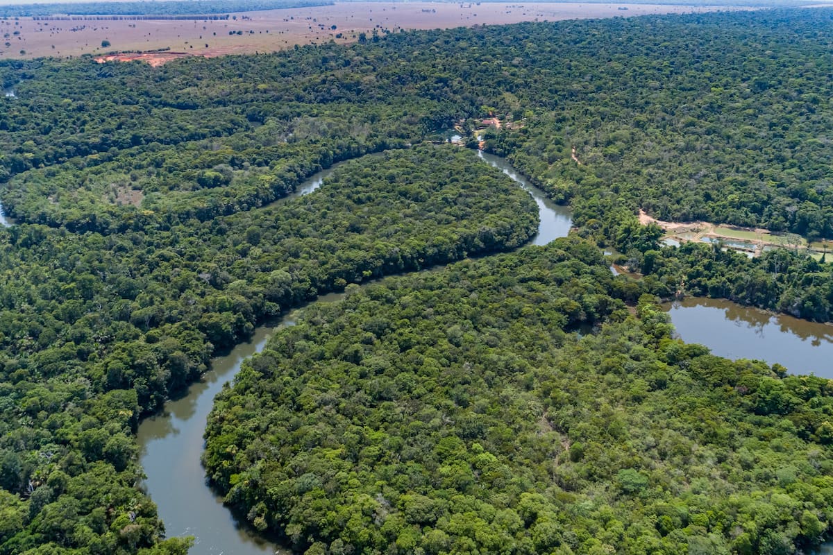 vista aÈrea de un río tributario amazónico en declive, tierras agrícolas en el horizonte selva amazónica, San JosÈ del Río Claro, Mato Grosso
