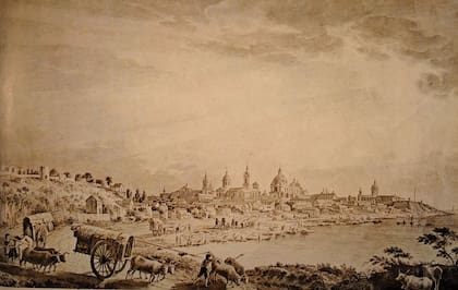 Vista de Buenos Aires alrededor de 1794, desde el sur hacia el norte, según la ilustración del artista lombardo Fernando Brambila.