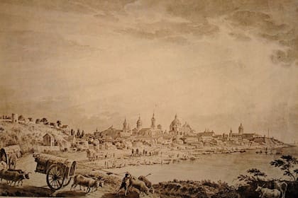 Vista de Buenos Aires alrededor de 1794, desde el sur hacia el norte, según la ilustración del artista lombardo Fernando Brambila.