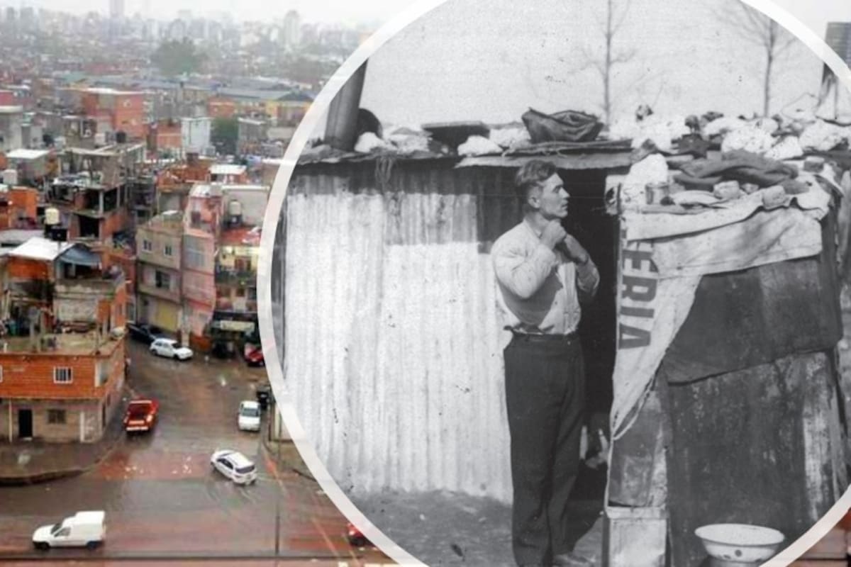 Vista de la Villa 1-11-14 en el Bajo Flores, Buenos Aires. (Prensa Obrera). Un joven se arregla afuera de su vivienda (Archivo General de la Nación)