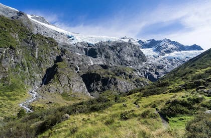 Vista del Glaciar Rob Roy, en Nueva Zelanda, donde se perdió el joven argentino Héctor Gastón Artigau