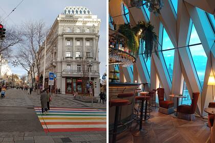 Vista del hotel Motto desde afuera, y desde el interior de su cúpula moderna. Der., detalle del restaurante Chez Bernard, en el último piso.