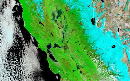 Vista espacial de Sacramento y la Bahía de San Francisco en marzo de 2023