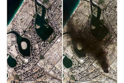 Vista satelital de los daños causados por Irán en una de las zonas mas turísticas de Dubai
