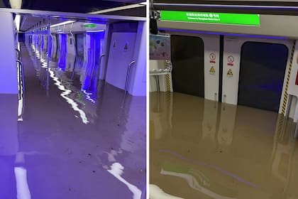 Vistas de un vagón de metro sumergido después de las fuertes lluvias en Zhengzhou, en la provincia central china de Henan