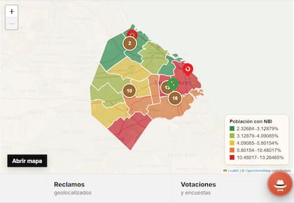 Visualización del mapa que muestra el grado de Necesidades Básicas Insatisfechas (NBI) por comuna