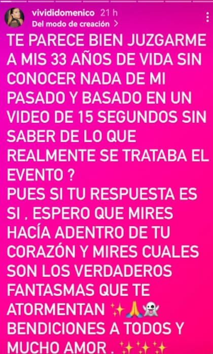 Vivi Di Domenico respondió a las críticas.