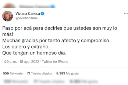 Viviana Canosa agradeció el apoyo que sus seguidores le brindan (Captura Twitter)