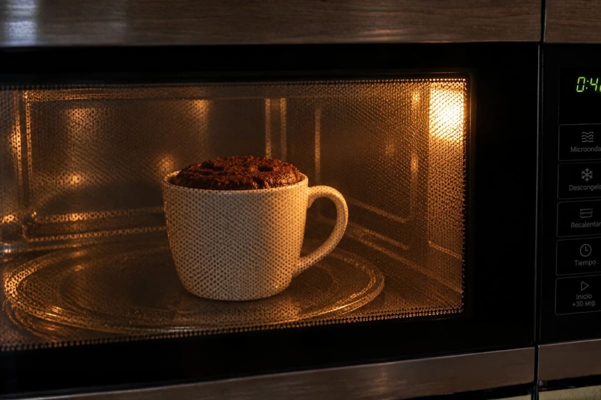 Volcán de dulce de leche cocinándose dentro de un microondas