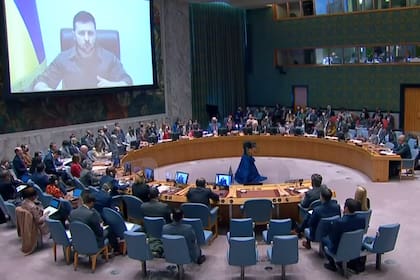 El presidente de Ucrania, Volodimir Zelensky, durante su presentación en video ante el Consejo de Seguridad de la ONU