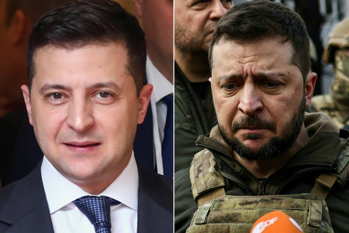Volodymyr Zelensky en una imagen de enero del 2020 y otra de abril del 2022