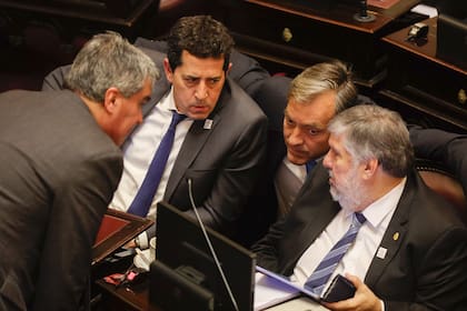 Wado de Pedro, Martín Soria, José Mayans y Capitanich en la sesión del Senado donde el PJ articuló una estrategia común