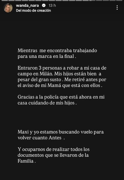 Wanda Nara contó a través de sus redes sociales que sus hijos fueron víctimas de un robo en su casa de Milán