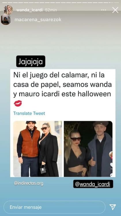 Wanda Nara se divirtió con la propuesta de Macarena Suárez de disfrazarse de ella e Icardi para Halloween y compartió su publicación en Stories