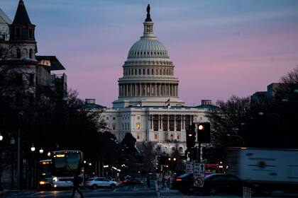 WASHINGTON, DC - FEBRUARY 08: The sunsets over the U.S. Capitol Building on Monday, Feb. 8, 2021 in Washington, DC. The Senate is scheduled to begin the second impeachment trial of former President Donald Trump on Feb. 9. (Kent Nishimura / Los Angeles Times/Polaris)