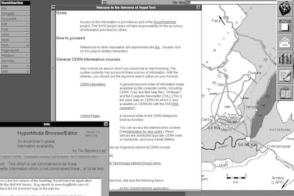 Una vista del primer sitio web de la historia, cuyo código fuente saldrá a la venta en Sotheby’s como archivo digital único (NFT)