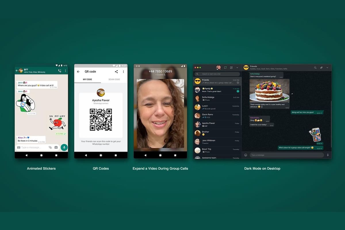 WhatsApp anunció varios cambios en la aplicación de chat, que ahora cuenta con stickers animados, un sistema basado en códigos QR para sumar contactos y mejoras en la vista de las videollamadas grupales, además de contar con la posibilidad de utilizar el modo oscuro en la versión web utilizada en co