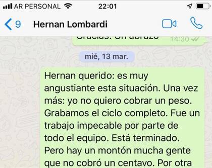 WhatsApp de Federico Andahazi a Hernán Lombardi.