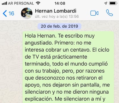 WhatsApp de Federico Andahazi a Hernán Lombardi.