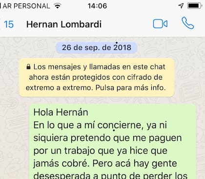 WhatsApp de Federico Andahazi a Hernán Lombardi.
