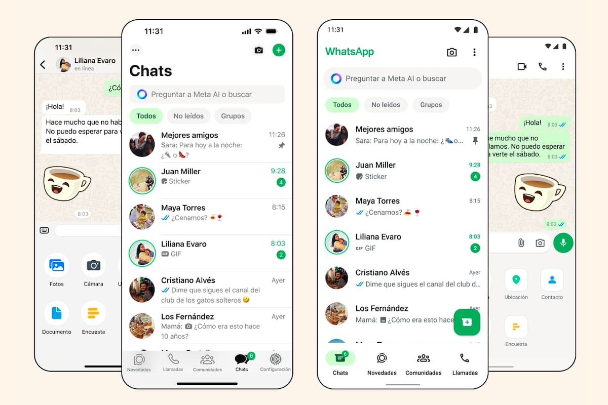 WhatsApp presentó su nuevo aspecto, que ordena los elementos de la interfaz de usuario y suma el acceso al asistente Meta AI