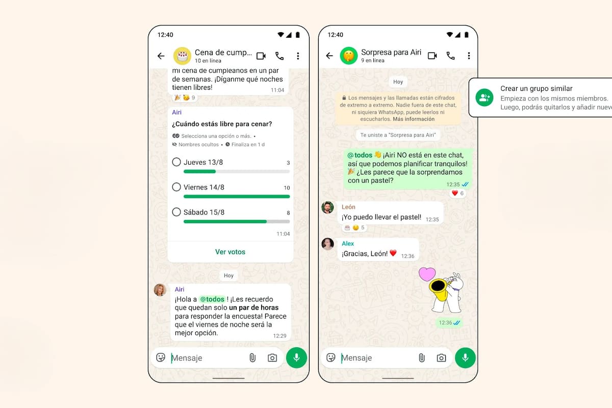 WhatsApp suma encuestas mejoradas para los chats grupales, además de la posibilidad de arrobar a todos los integrantes (@todos) y de crear grupos a partir de otros