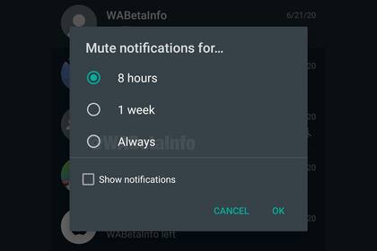 WhatsApp trabaja en el desarrollo de una función que permite silenciar un grupo de forma permanente, de acuerdo a un adelanto reportado en una versión de evaluación para teléfonos Android