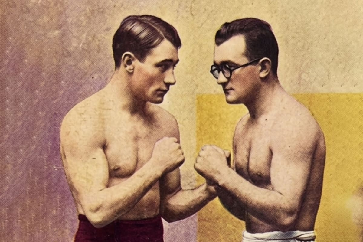 Willie Gould vs. Gustavo Lenevé, en una imagen recreada con inteligencia artificial; se enfrentaron en 1915, en la primera pelea de boxeo por un título argentino