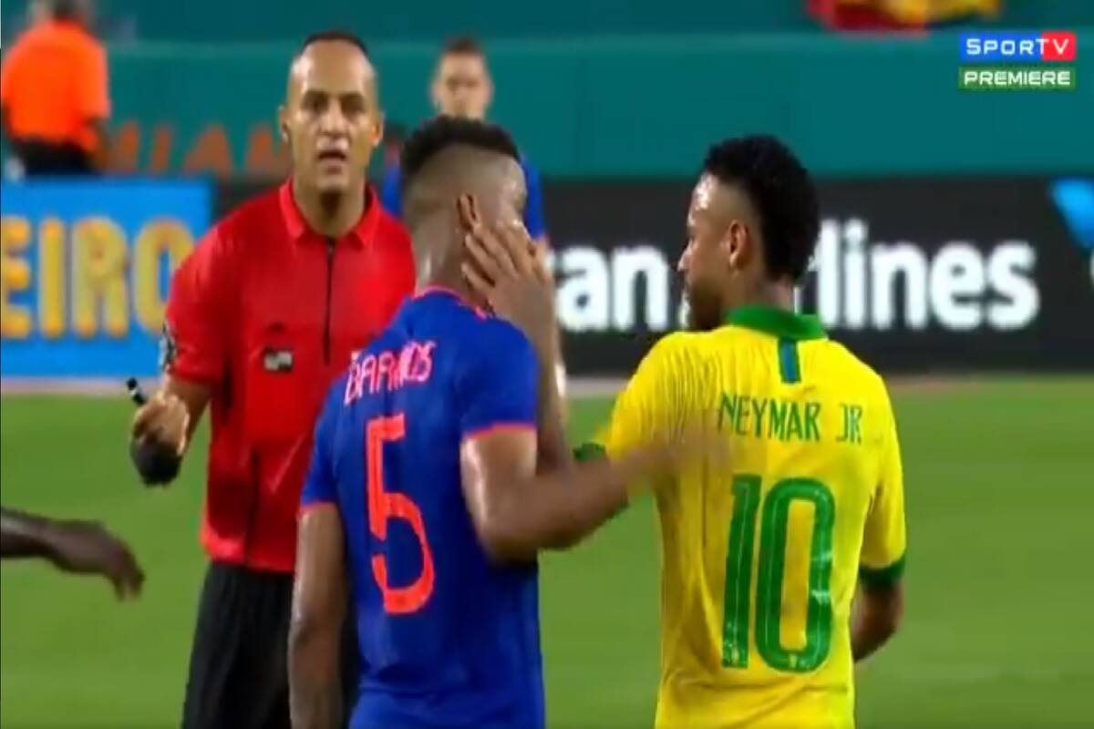 Wilmar Barrios y Neymar durante el amistoso entre Colombia y Brasil, que empataron 2 a 2 en Miami, Estados Unidos.