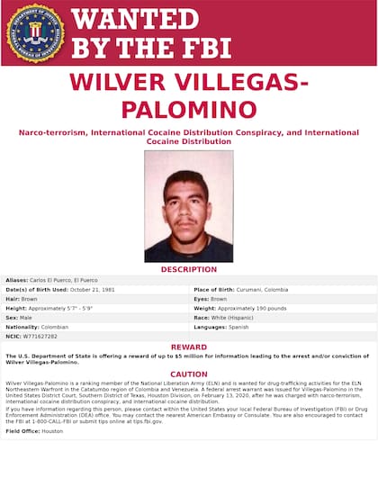Wilver Villegas-Palomino, integrante de alto rango del Ejército de Liberación Nacional (ELN), es buscado por el FBI