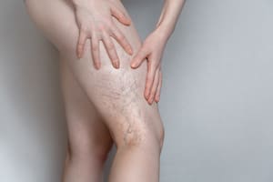 Woman shows leg with varicose veins. The concept of human health and disease. Gray background.
