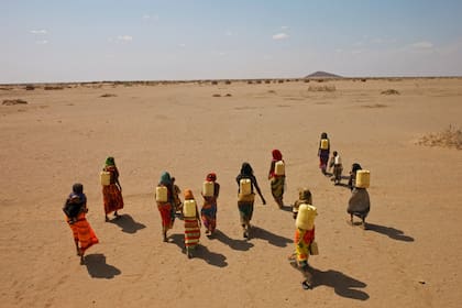 Mujeres llevan bidones llenos de agua a través de las llanuras del desierto en Kenia (Lynn Johnson, 2009)